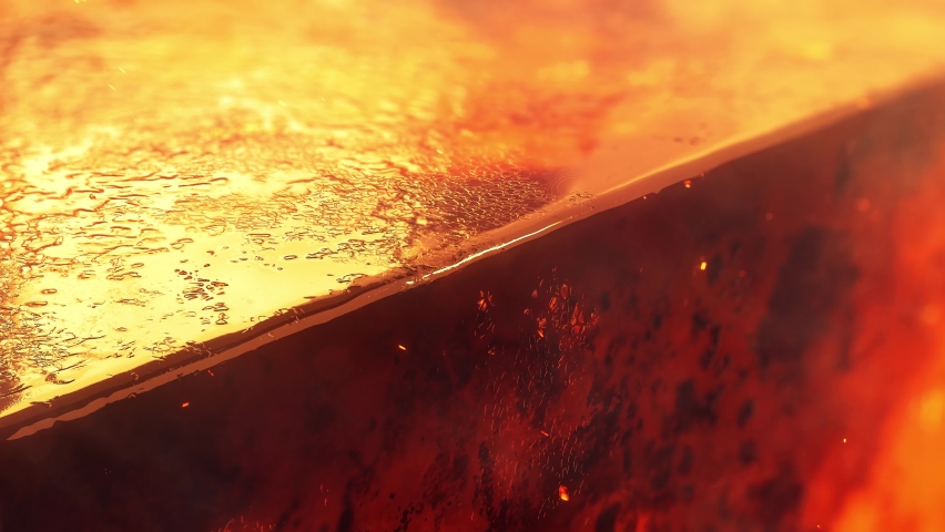 Close-up of the surface of a hot metal or iron. Metallurgical plant, red hot metal bar on the conveyor.  3d rendering | Shutterstock HD Video #1092679951