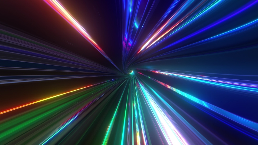 Abstract tunnel of a multicolor spectrum background. Bright rays of neon light and colorful glowing lines moving speed through the dark. 3d render Royalty-Free Stock Footage #1092679953