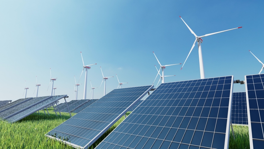 3840x2160. Solar power plant and windmills. Renewable energy, green tech.  Royalty-Free Stock Footage #1092684733