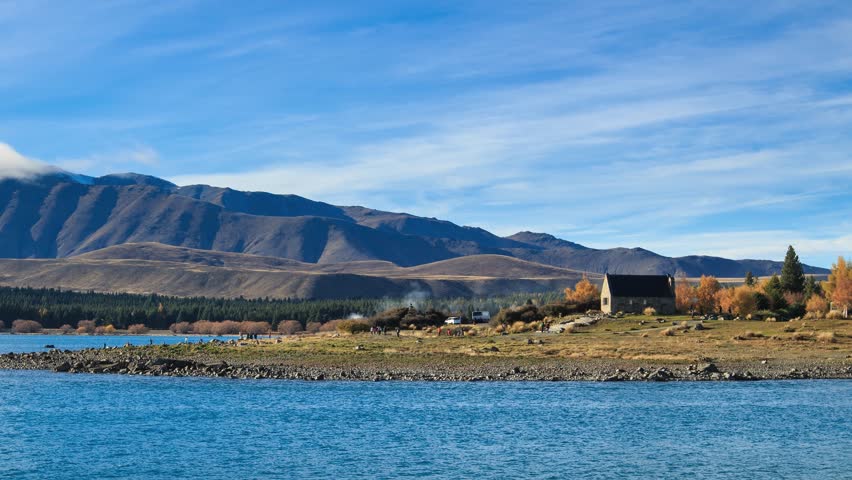 The Church of the Good Shepherd, Lake Tekapo, New Zealand. Time-lapse viewed from distance.