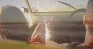 Animation of caucasian couple in car on beach over seascape. Holidays, vacations and relax concept digitally generated video.