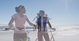 Animation of happy african american couple with bikes over seascape. Holidays, vacations and relax concept digitally generated video.