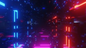 Fly through technology cyberspace with blue red neon glow. Sci-fi flight through hi-tech technology tunnel. Glow line form pattern like sci-fi hologram. 3d looped seamless 4k bright. 3D Illustration - Powered by Shutterstock - Get 15% off with code: PIKWIZARD15