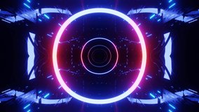 Glow sci fi symmetrical construction. Vj loop trendy neon tunnel. hi tech neon tunel. Sci-fi flight through cyberspace with symmetry. Video game or vj night club background with neon. 3D Illustration