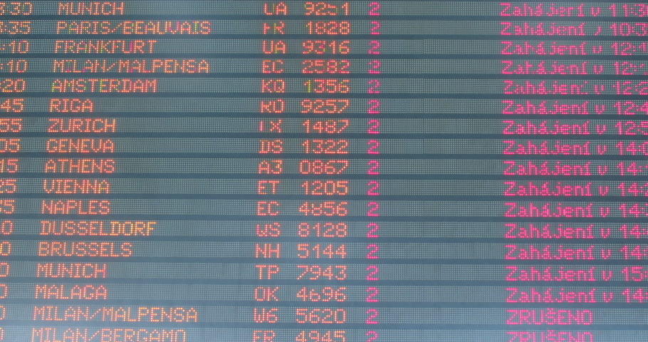 LEDs make the inscription. List cities and flight numbers in line gate open. Time control by passengers for departure. Close-up departure board airport. Informing passengers before departure. Backdrop