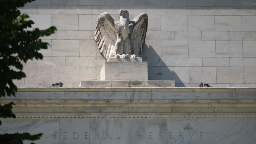 Closeup of the top of the federal reserve government Eccles building in Washington, DC where inflation financial policy is made. Royalty-Free Stock Footage #1092689719