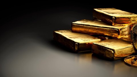 Stacks of pure gold bar and Bitcoin on dark background with camera panning slowly from left to right. Represent business and finance assets of cryptocurrency concept idea. 3d render animation.