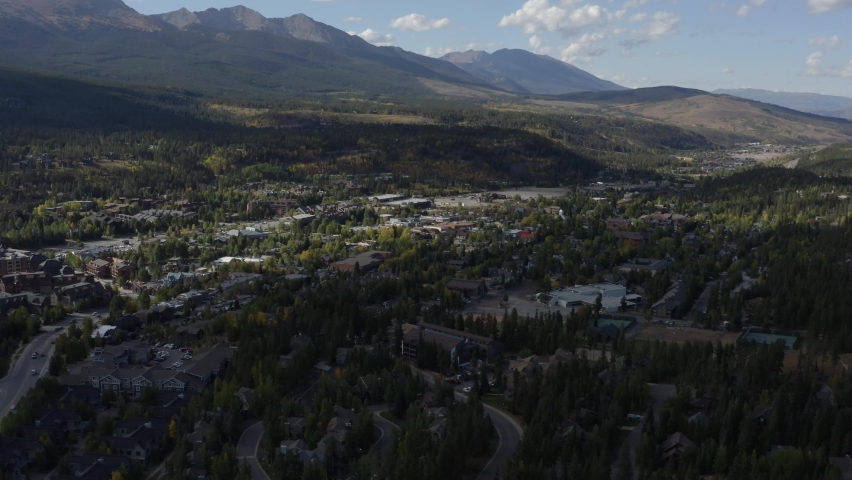 Aerial view over the town and towards mountains, fall day in Breckenridge, Colorado, USA