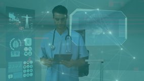 Animation of network of connections over caucasian male doctor with tablet. Global medicine and digital interface concept digitally generated video. - Powered by Shutterstock - Get 15% off with code: PIKWIZARD15