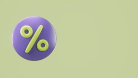 3d rotating purple round icon of percent discount with green background. 3D Illustration