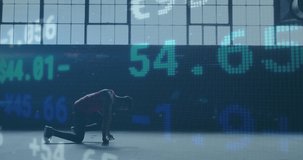 Animation of scope scanning with data processing over african american man running at gym. Global sport, computing and digital interface concept digitally generated video.