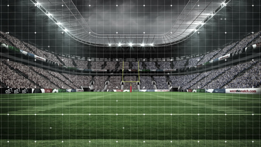 Animation of white lines with spots over stadium. Global sport and digital interface concept digitally generated video.