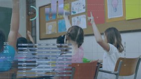 Animation of data processing over diverse schoolchildren and teacher in classroom. Global education, learning and digital interface concept digitally generated video.