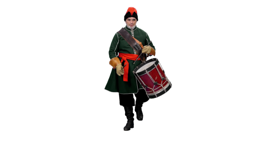 Marching russian drummer soldier from 18th century, Full HD footage with alpha transparency channel isolated on white background