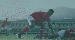 Animation of data processing and scope scanning over diverse rugby players at stadium. Global sport, computing and digital interface concept digitally generated video.