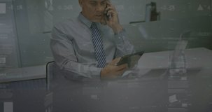Animation of data processing over caucasian businessman using tablet and talking on smartphone. Global business, finances and digital interface concept digitally generated video.