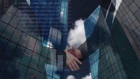 Animation of financial data and graphs over diverse businesspeople shaking hands and skyscrapers. Business, finance and cooperation concept digitally generated video.