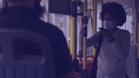 Animation of network of connections over african american woman with smartphone in bus. Business, connections, communication and technology concept digitally generated video.