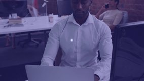 Animation of network of connections over african american man with tablet in office. Business, connections, communication and technology concept digitally generated video.