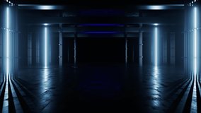 Dolly Camera Sci Fi Futuristic Neon Lights Flickering Dark Realistic Tunnel Corridor Grunge Concrete Cement  Cyber Warehouse Hangar Underground Bunker Showroom Club Stage Basement 3D Render Animation - Powered by Shutterstock - Get 15% off with code: PIKWIZARD15
