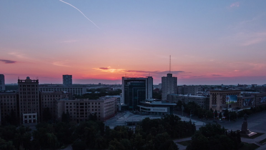 Kharkiv city from above at sunrise timelapse from above. Aerial view of the city center and freedom square. Ukraine.