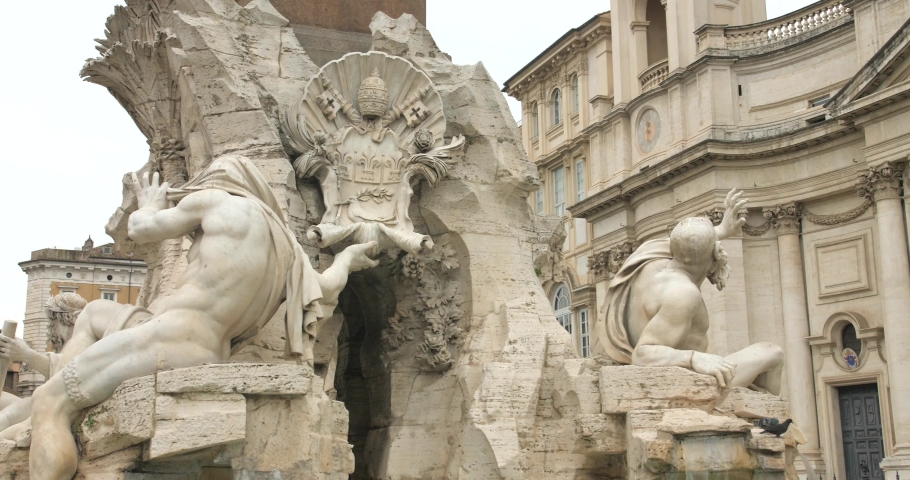 Allegories Of The Fontana dei Quattro Fiumi (Fountain of the Four Rivers) In the Piazza Navona in Rome, Italy. - close up slider