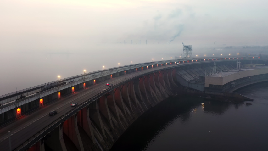 Hydroelectric power station from the air, Zaporizhia, Ukraine. A dam in the city of Zaporozhye. Large dam aerial view
 Royalty-Free Stock Footage #1092716933
