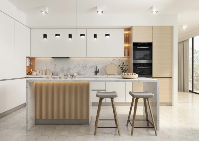 Animation of a modern and spacious kitchen, presenting the same interior in different color versions with changing decors and finishing materials. 3D animation. Royalty-Free Stock Footage #1092718571