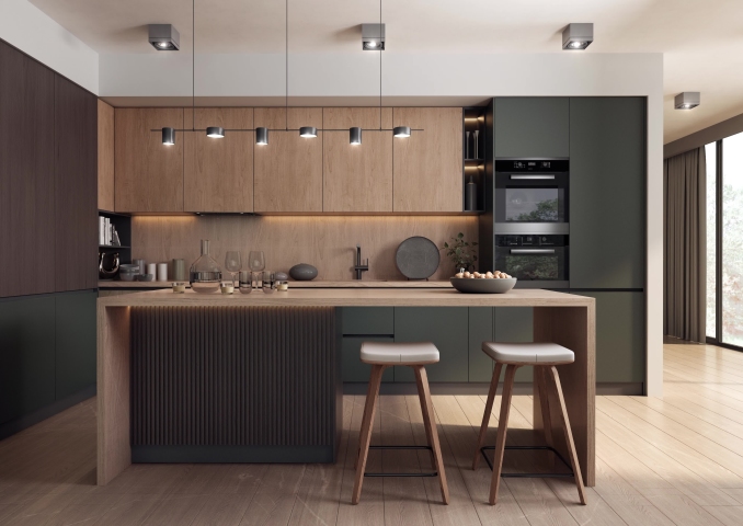 Animation of a modern and spacious kitchen, presenting the same interior in different color versions with changing decors and finishing materials. 3D animation.