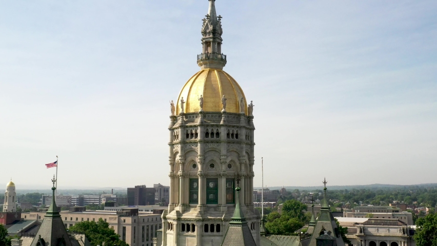 Connecticut state capitol building in Hartford, Connecticut with drone video pulling out.