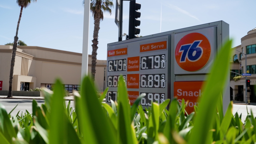 High Gas Prices on a Gas Station Sign in California, Camera Movement, Slow Motion. Royalty-Free Stock Footage #1092719753
