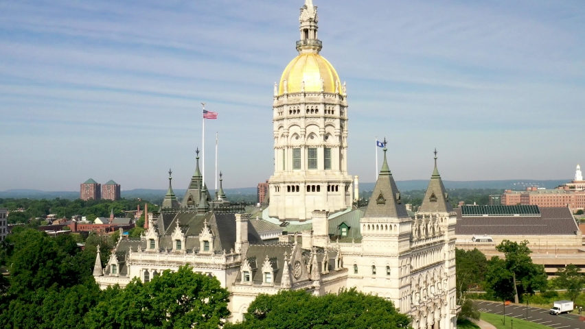 Connecticut state capitol building in Hartford, Connecticut with drone video at an angle pulling out.