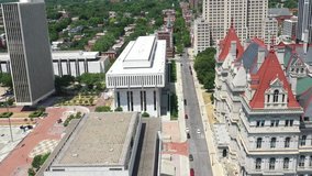 New York State capitol building in Albany, New York with drone video close up moving sideways.