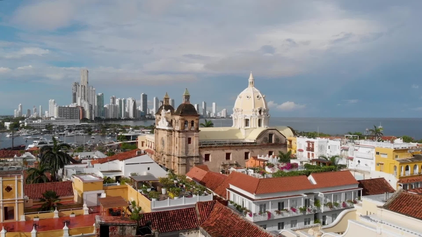 Aerial view of the San Pedro Claver sanctuary in the walled city (Ciudad Amurallada) of Cartagena de Indias, Colombia Royalty-Free Stock Footage #1092720525