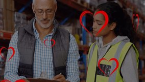 Animation of red heart icons over caucasian male supervisor and female worker checking stock. Logistics business concept - Powered by Shutterstock - Get 15% off with code: PIKWIZARD15