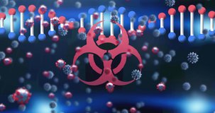 Animation of biohazard and dna over blue background with viruses. Science, medicine and pandemic concept digitally generated video.