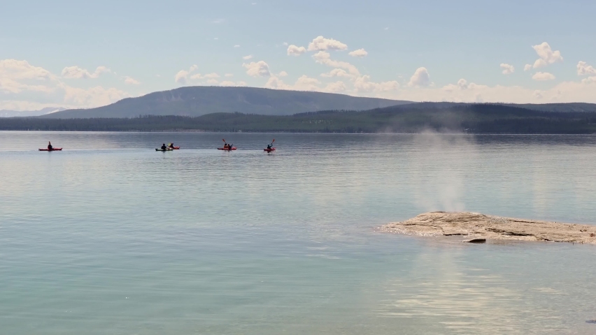 People playing Kayak in Yellowstone Lake of Yellowstone National Park at Wyoming