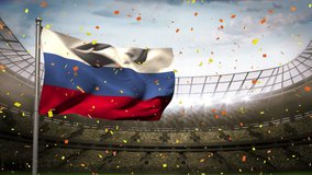 Animation of confetti and stadium over flag of russia. Global sport and patriotism concept digitally generated video.