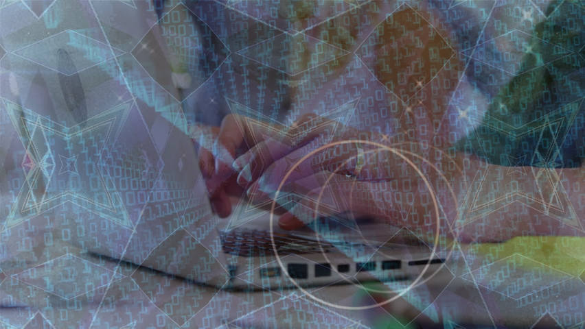 Animation of kaleidoscopic pattern and binary coding over mid section of boy using laptop at school. Education technology concept - Powered by Shutterstock - Get 15% off with code: PIKWIZARD15