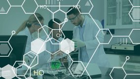 Animation of chemical structures over diverse male and female scientists working at laboratory. Medical research and science technology concept - Powered by Shutterstock - Get 15% off with code: PIKWIZARD15