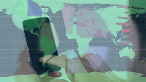 Animation of statistical data processing over close up of hand using smartphone against world map. Computer interface and business technology concept - Powered by Shutterstock - Get 15% off with code: PIKWIZARD15
