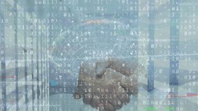 Animation of globe and binary codes against midsection of caucasian businessmen shaking hands. Global communication, business, digital composite, partnership, economy, data, business meeting. - Powered by Shutterstock - Get 15% off with code: PIKWIZARD15