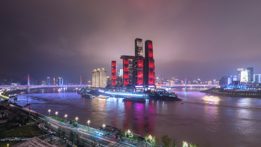 time lapse video of night scene of two rivers in Chaotianmen, Chongqing city, China. (the light show went out at 10 PM)
