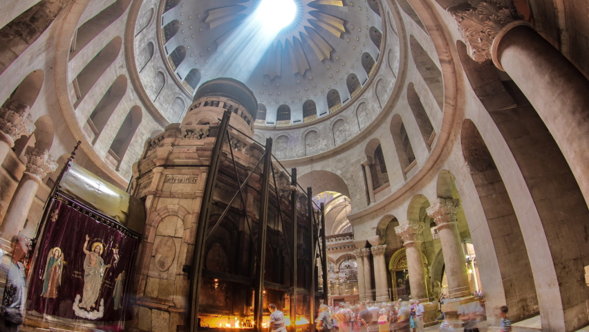 Interior of the Church of the Holy Sepulcher timelapse hyperlapse. Sacred place in the Christian Quarter of the Old City of Jerusalem where Jesus was crucified and buried. | Shutterstock HD Video #1092747807