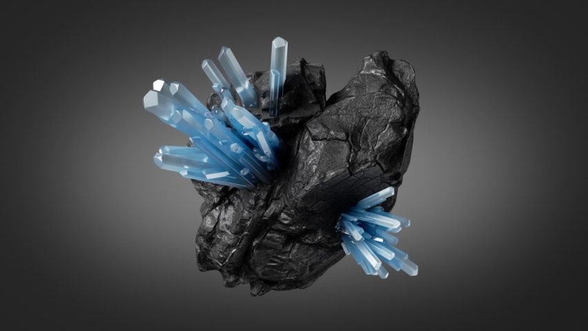 looping 3d animation, black rock with blue quartz crystals on it, rotating stone, magical nugget esoteric object