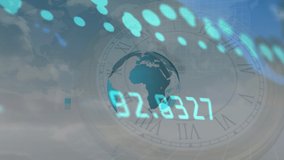 Animation of financial data processing over clock, globe and world map. Global business finances and digital interface concept digitally generated video. - Powered by Shutterstock - Get 15% off with code: PIKWIZARD15