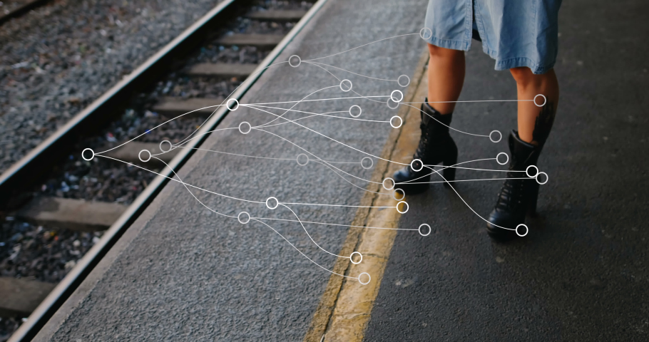 Animation of network of connections over woman drinking coffee. Global connections, data processing and digital interface concept digitally generated video.