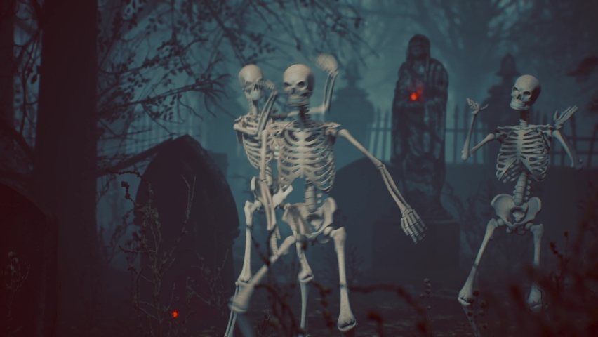 Skeletons Dance Hip Hop among the Tombstones Cinematic 3D Animation Halloween 4K Royalty-Free Stock Footage #1092753517