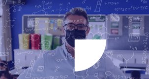 Animation of screen with scientific formulas and graph over caucasian male scientist in face mask. Science, math, knowledge and education concept digitally generated video.
