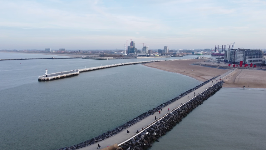 Ostend City Harbor Entry and People Walking on the Pier, Aerial.